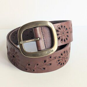 Ralph Lauren Wide Leather Belt w/ Brass Logo Buckle Cutout & Embroidery Sz:M